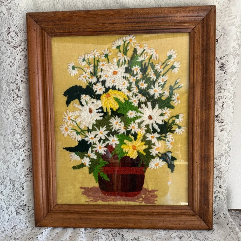 Vintage Floral Crewel Embroidery Daisies in Basket Framed Gallery Wall Art Boho